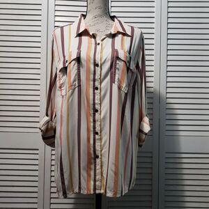 A.N.A. Button up Shirt Women's XL Striped Multicolor Roll‎ Tab Long Sleeve Top